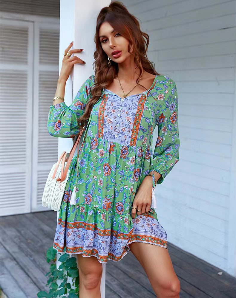 Bohemian V-neck floral print short dress - View 9 | Clistos