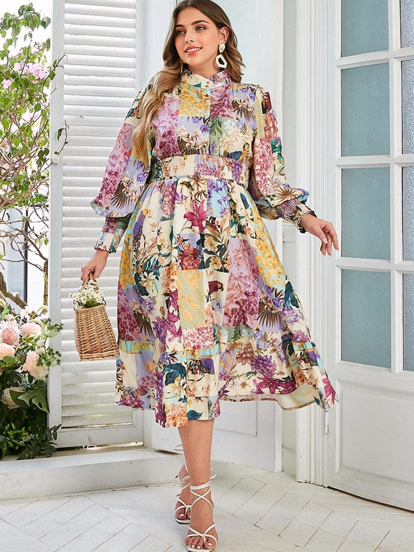 Floral print midi dress with smocked waist and bishop sleeves - View 6 | Clistos