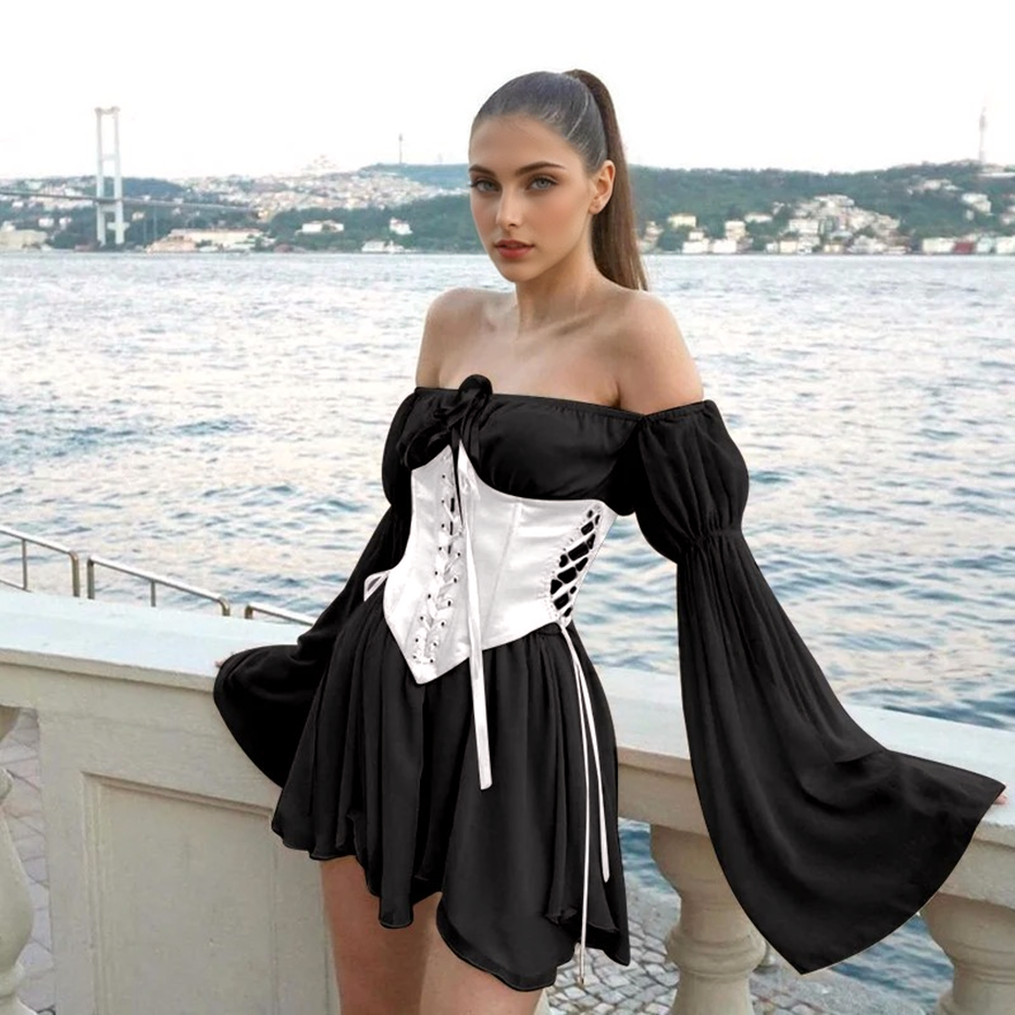 Clistos Off Shoulder Mesh Dress with Corset Bodice and Bell Sleeves - View 9 | Clistos