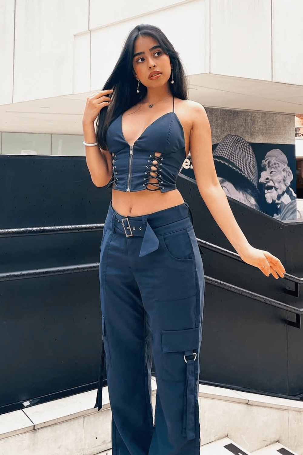 Lace Up Halter Crop Top and Cargo Pants Matching Set - View 7 | Clistos