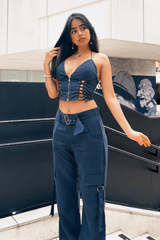 Lace Up Halter Crop Top and Cargo Pants Matching Set - View 7 | Clistos