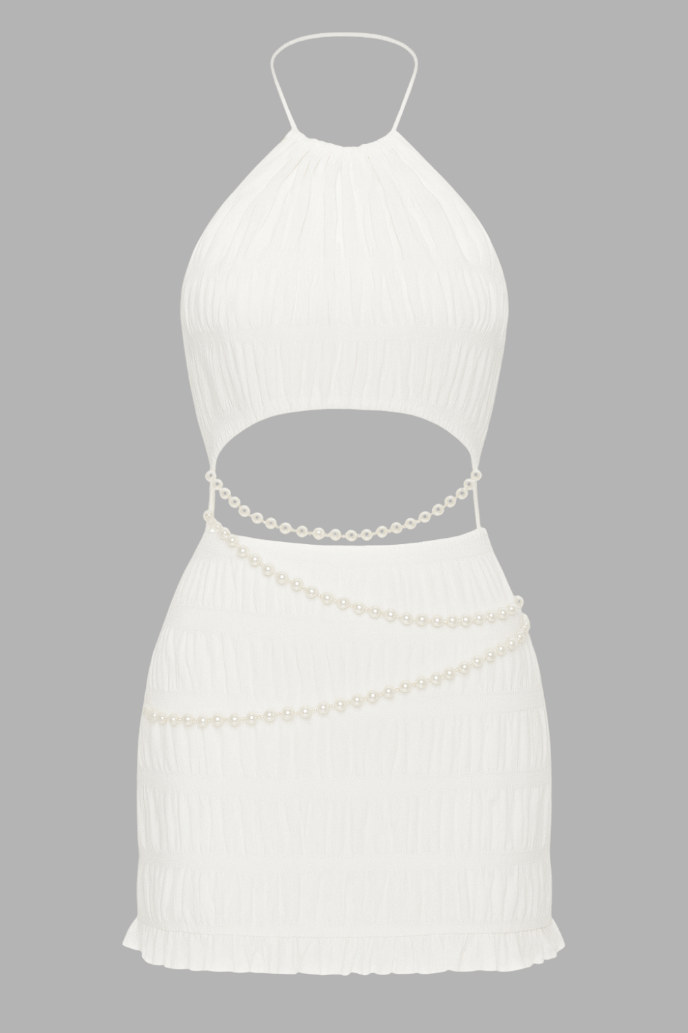 a white ruched halter dress with a cut-out waist adorned with beaded trim
