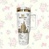 Stanley 40 oz Fairytale Castle Tumbler in White and Gold with Handle and Straw - View 1 | Clistos