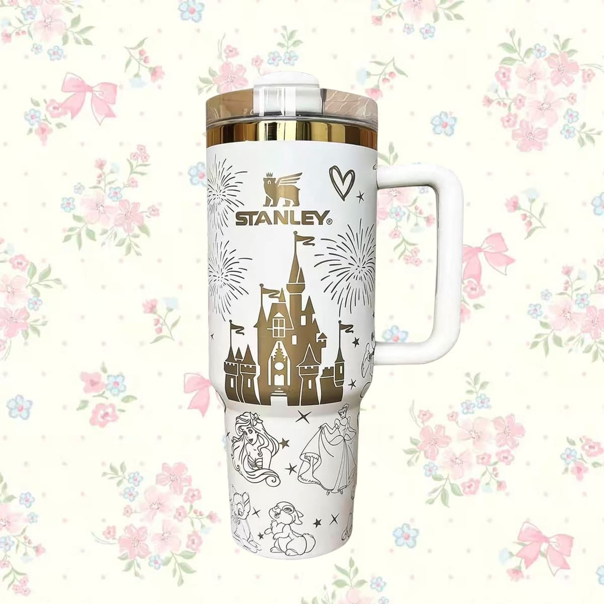 Stanley 40 oz Fairytale Castle Tumbler in White and Gold with Handle and Straw - View 1 | Clistos