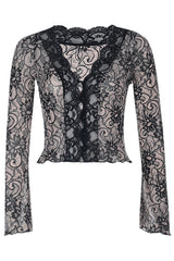 Front view of a black and beige lace long-sleeved top with a plunging neckline and bell sleeves