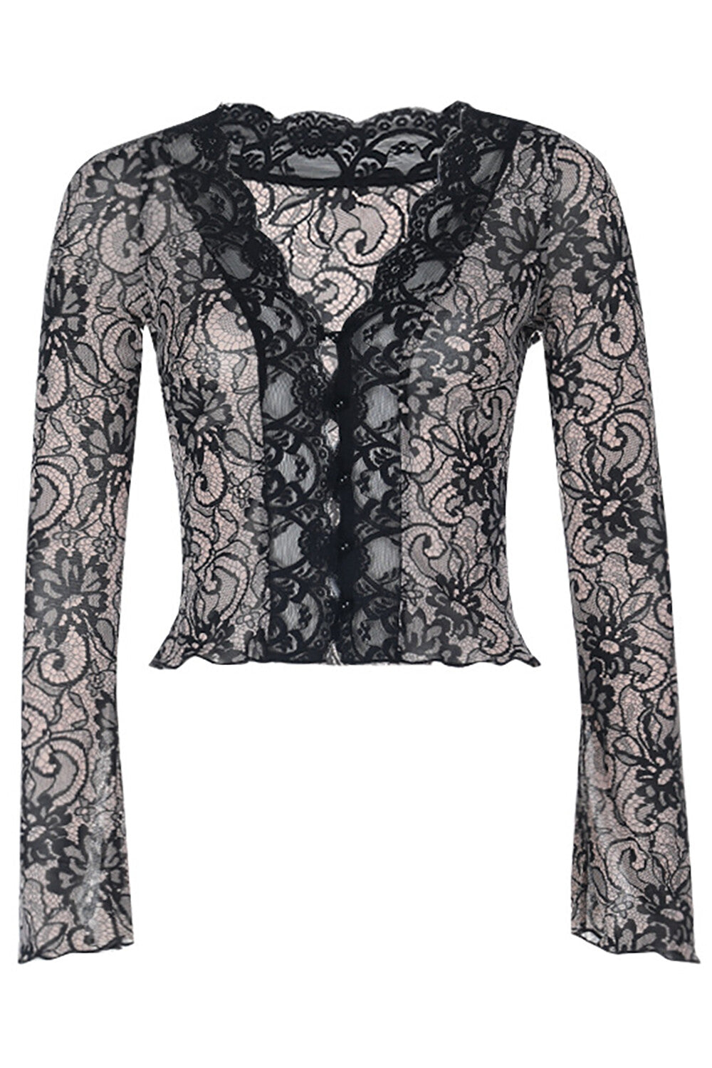 Front view of a black and beige lace long-sleeved top with a plunging neckline and bell sleeves