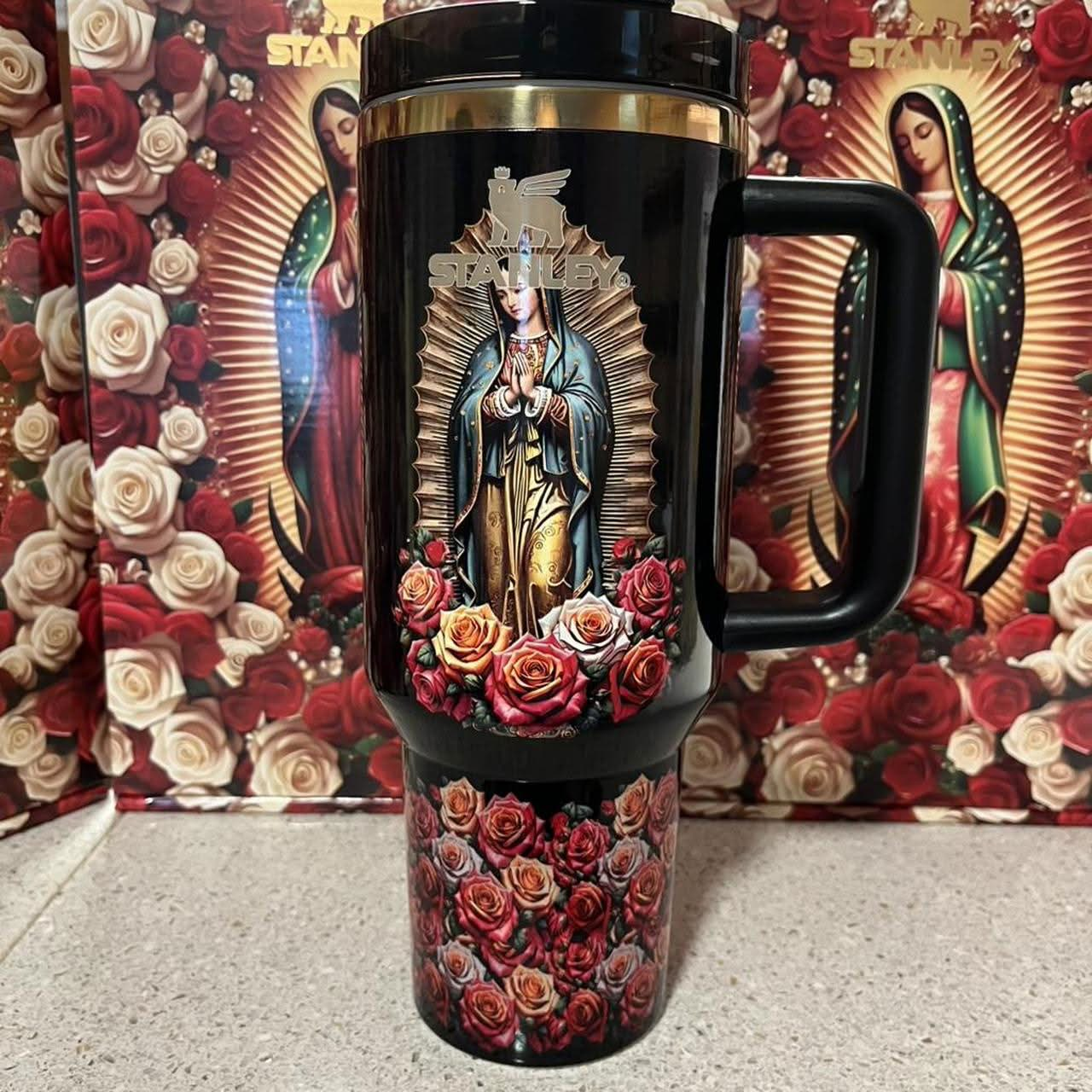 Stanley Rose Devotion 40 oz Tumbler in black and gold with Virgin Mary and rose floral artwork - View 1 | Clistos