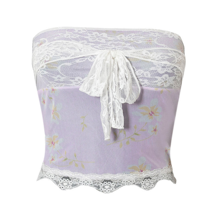 Detail of the lace overlay on the pink floral tube top.
