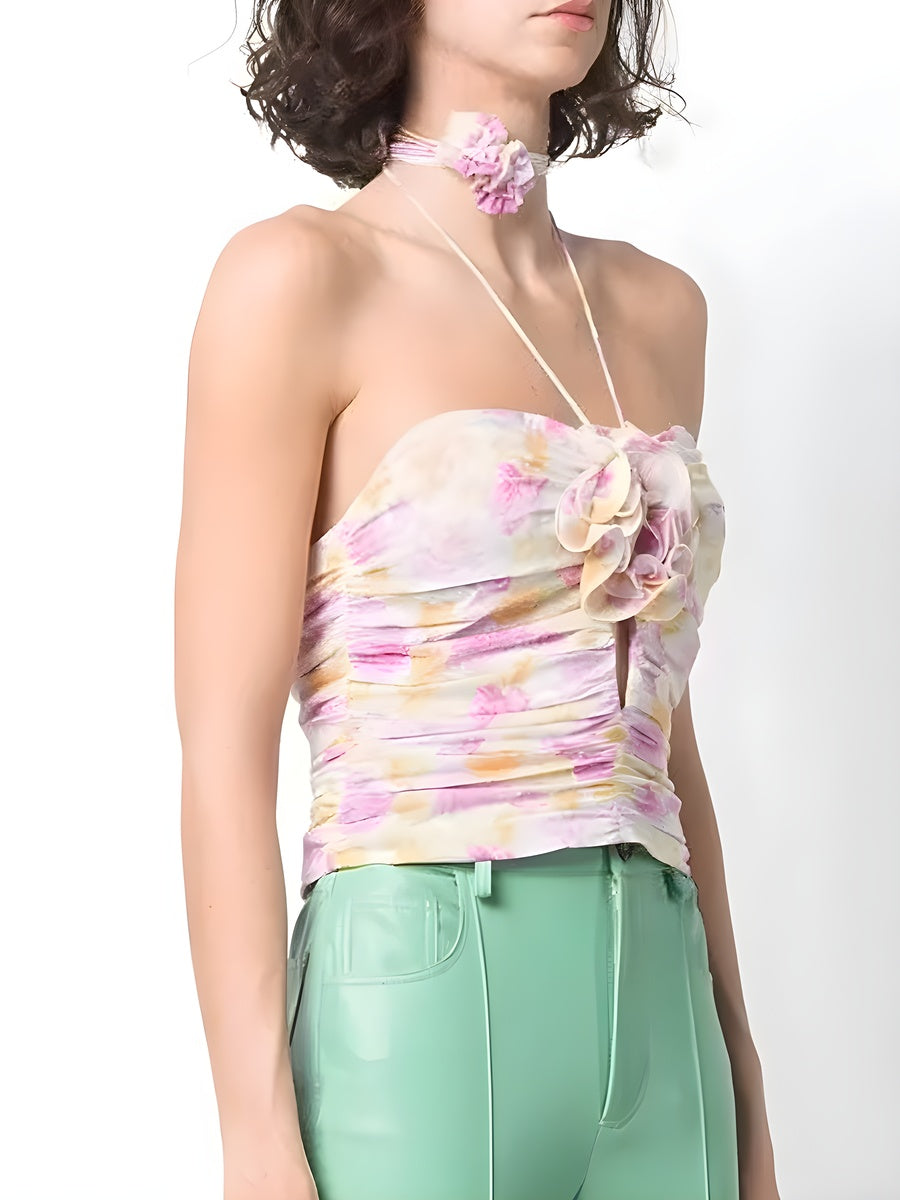 3D Floral Ruched Halter Crop Top