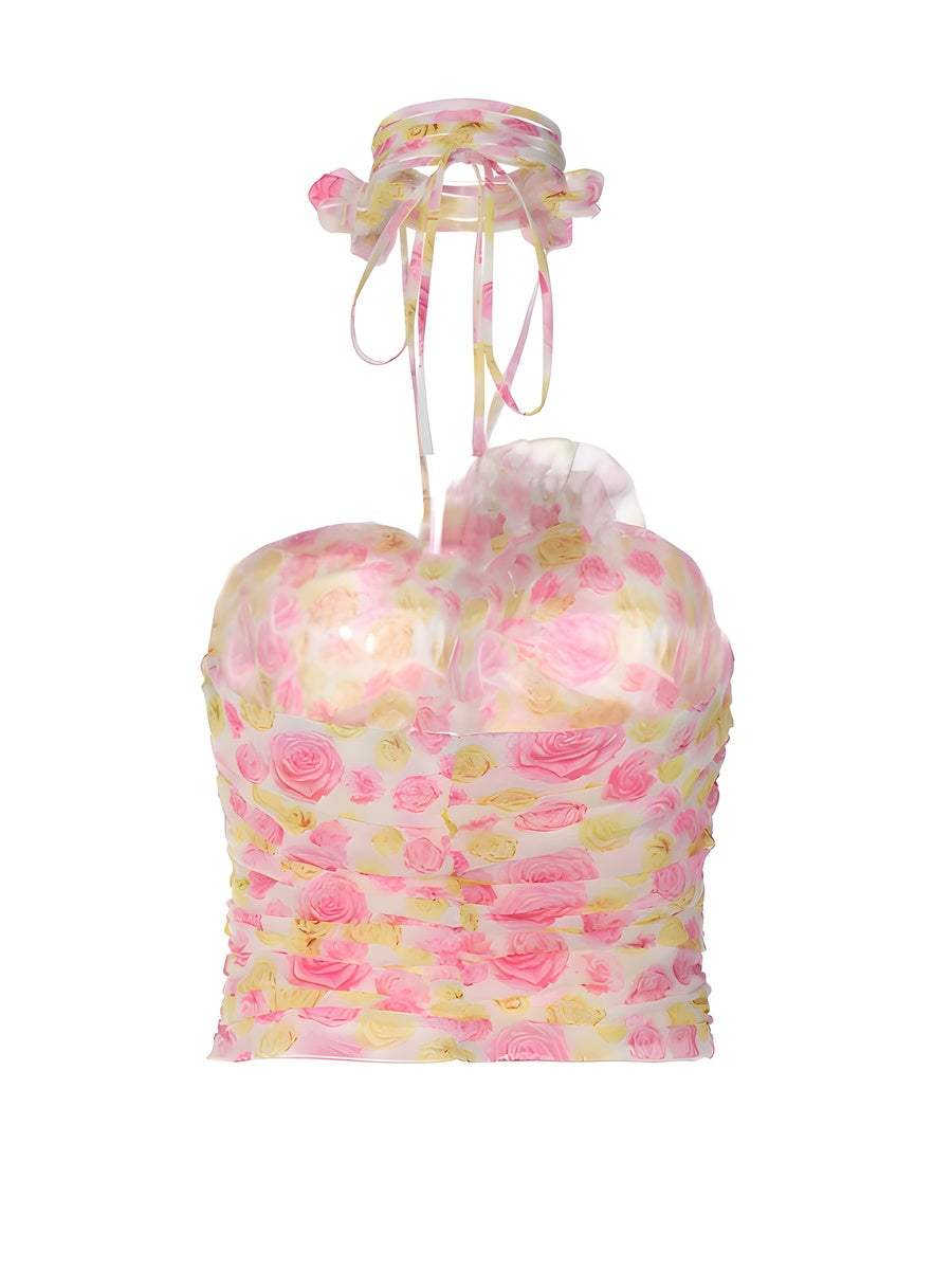 3D Floral Ruched Halter Crop Top