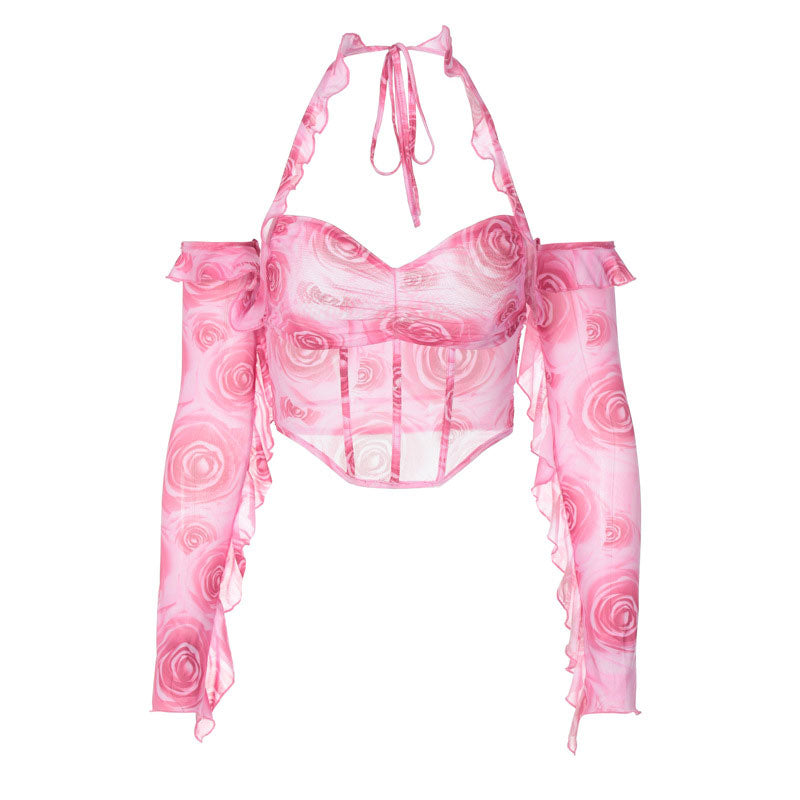 pink rose print sheer off-the-shoulder halter top
