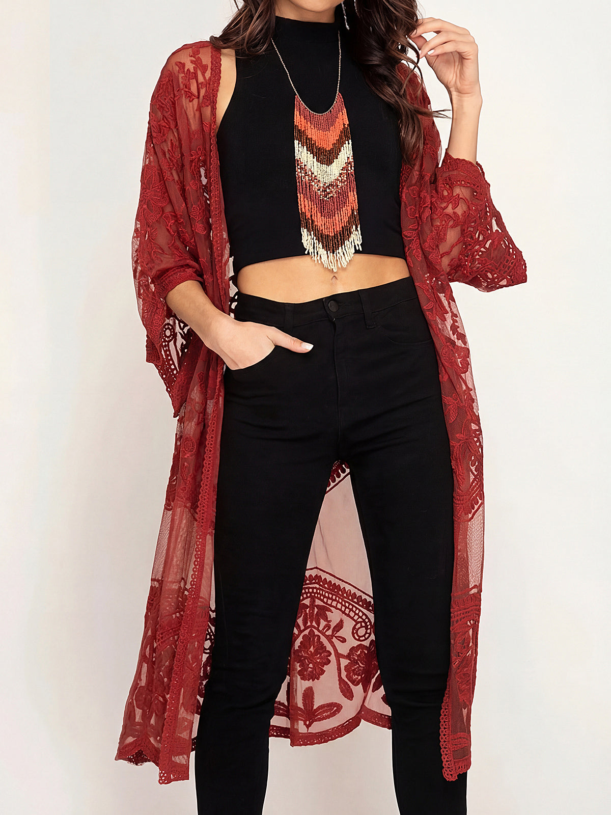 Embroidered Lace Kimono Cover Up - View 6 | Clistos