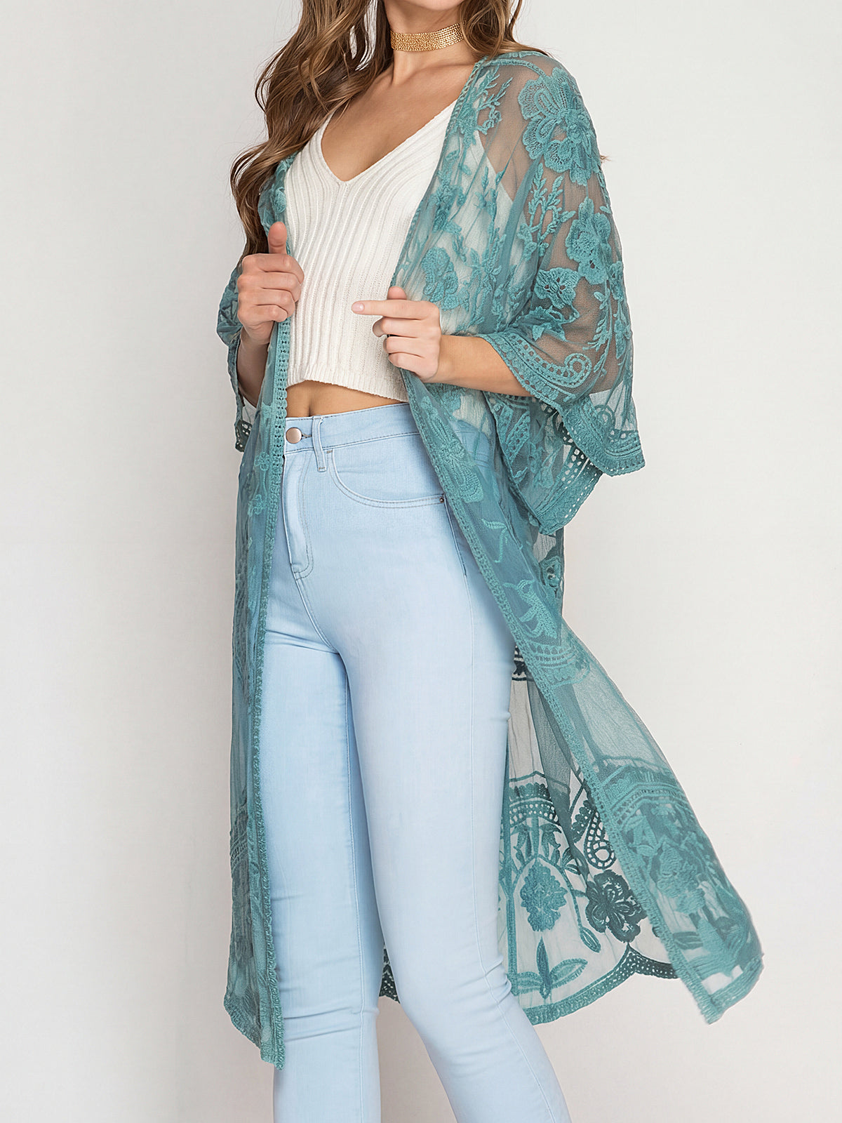 Embroidered Lace Kimono Cover Up - View 7 | Clistos