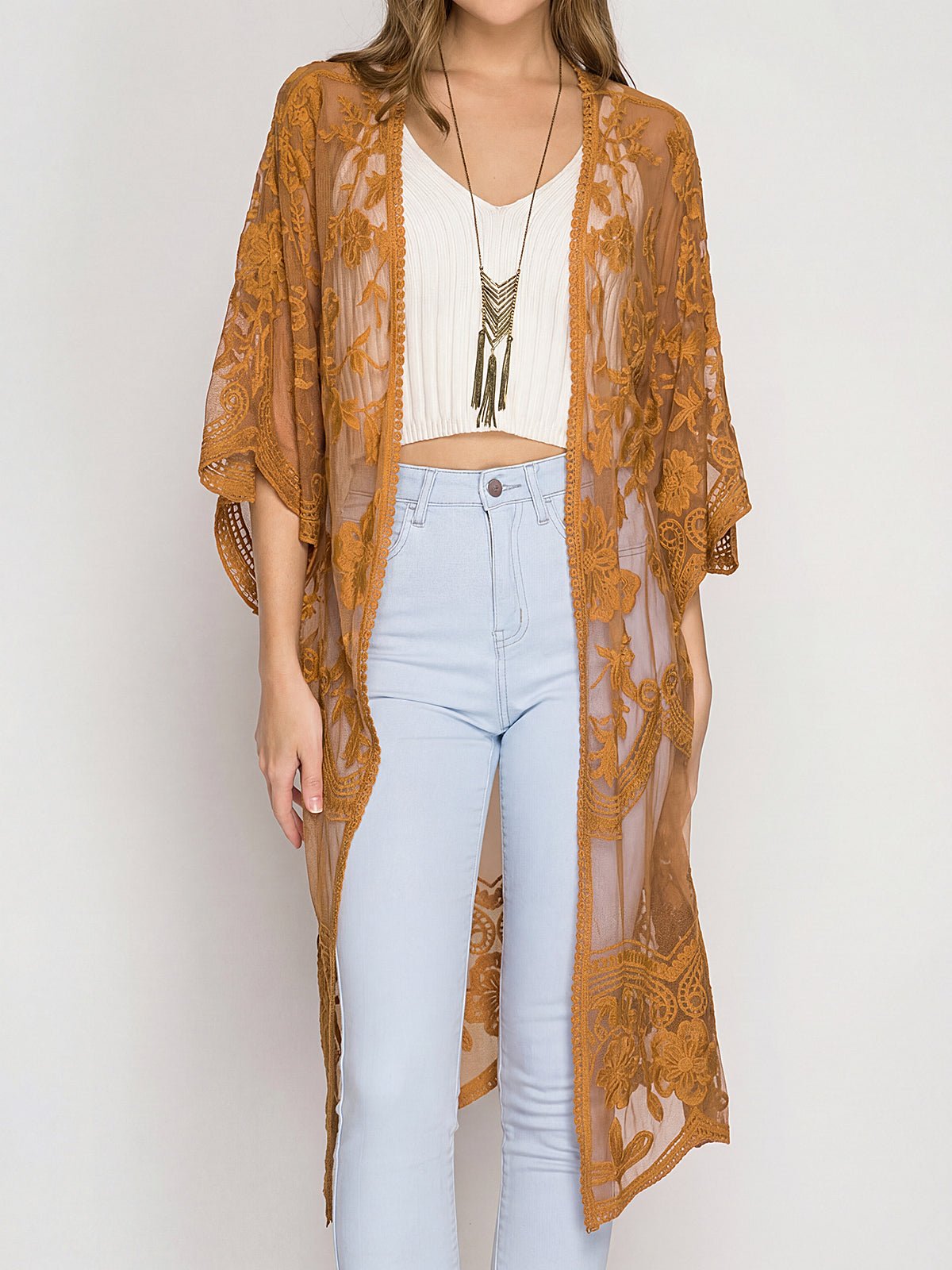 Embroidered Lace Kimono Cover Up - View 8 | Clistos