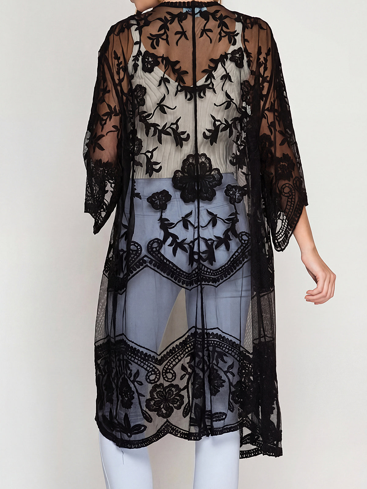 Embroidered Lace Kimono Cover Up - View 9 | Clistos