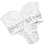 A close-up of a white satin corset top with silver chain lace-up detailing and a zipper closure.