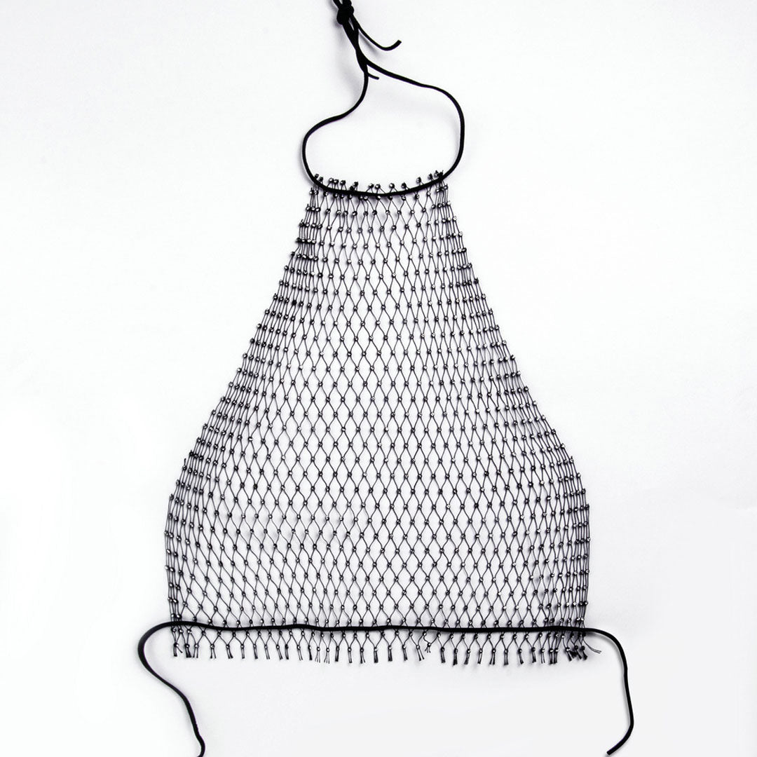 Black mesh halter top with rhinestone embellishments and fringe detailing.