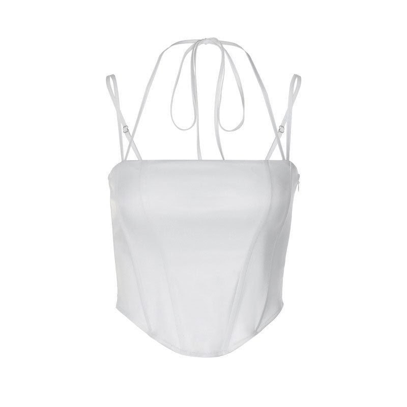 White satin corset top with halter neck ties and thin straps, front view.