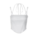 White satin corset top with halter neck ties and thin straps, front view.