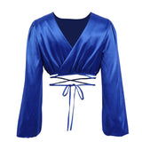 blue satin crop top with long sleeves and tie waist