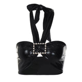 black halter top with pearl buckle and bow
