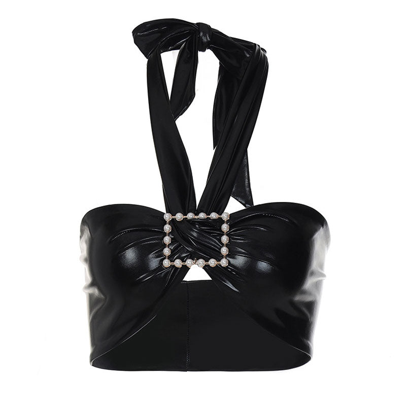 black halter top with pearl buckle and bow