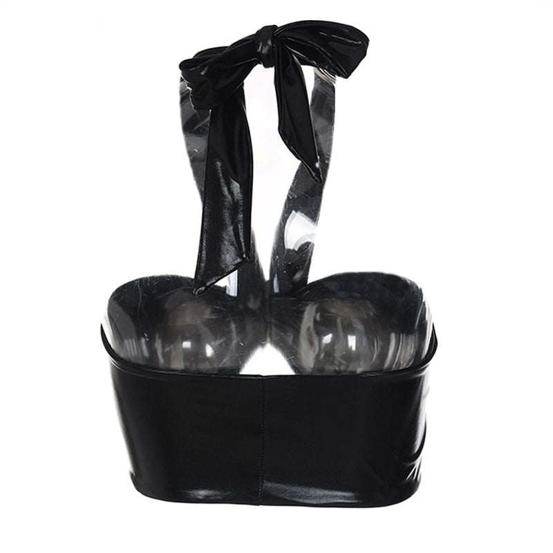 back view of black halter top with bow