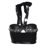 back view of black halter top with bow
