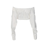 white off-the-shoulder crop top with ruched sleeves