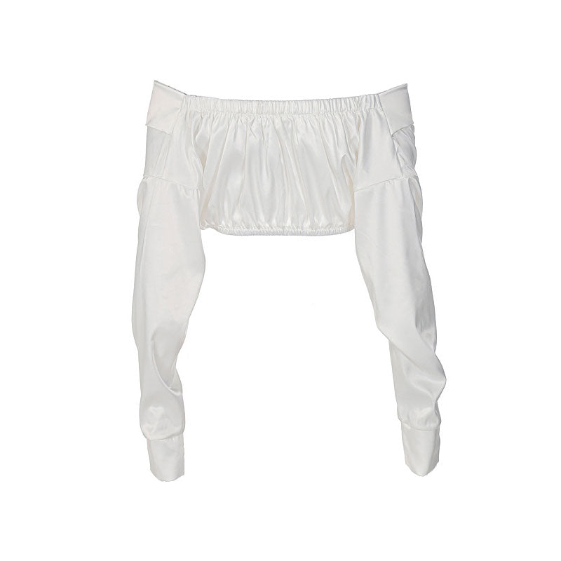 white off-the-shoulder crop top with ruched sleeves