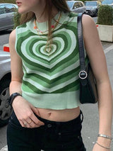 Mock Neck Striped Heart Knit Crop Top - View 11 | Clistos