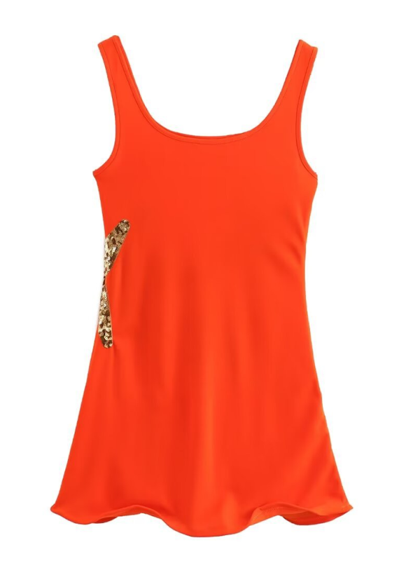 Back view of orange sleeveless dress with sequined star applique