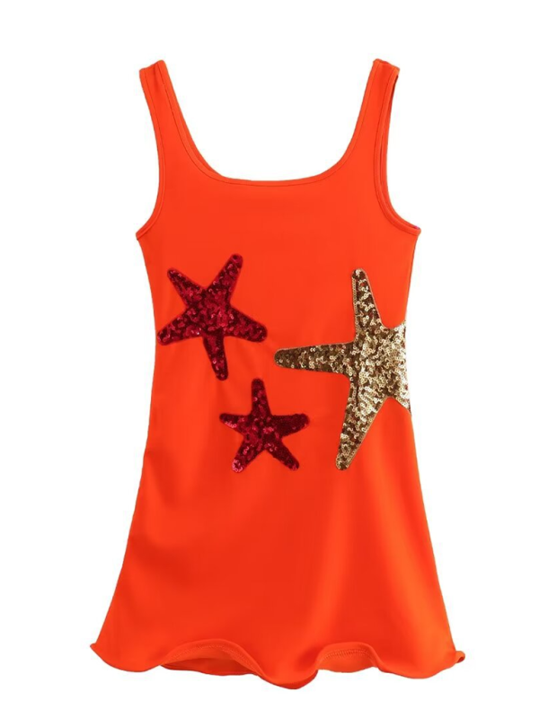 Orange sleeveless dress with sequined star appliques