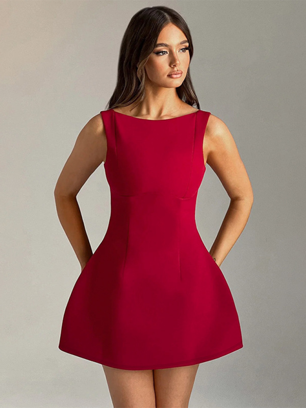 woman in red sleeveless mini dress with boat neckline