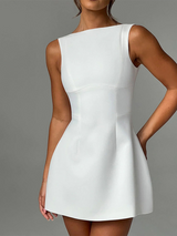 woman in white sleeveless mini dress with boat neckline