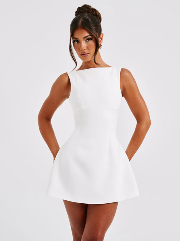 woman in white sleeveless mini dress with boat neckline and pockets