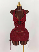 Shimmering halter crop top and belted mini skirt set - View 8 | Clistos