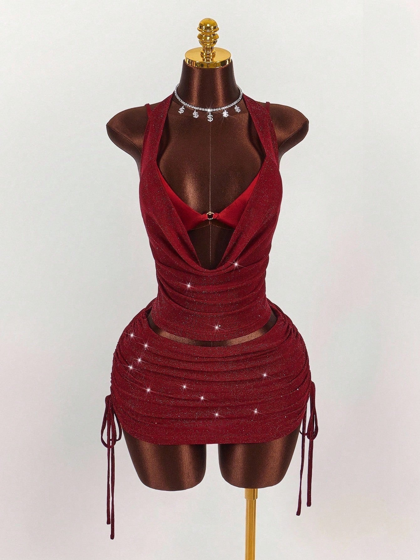 Shimmering halter crop top and belted mini skirt set - View 8 | Clistos