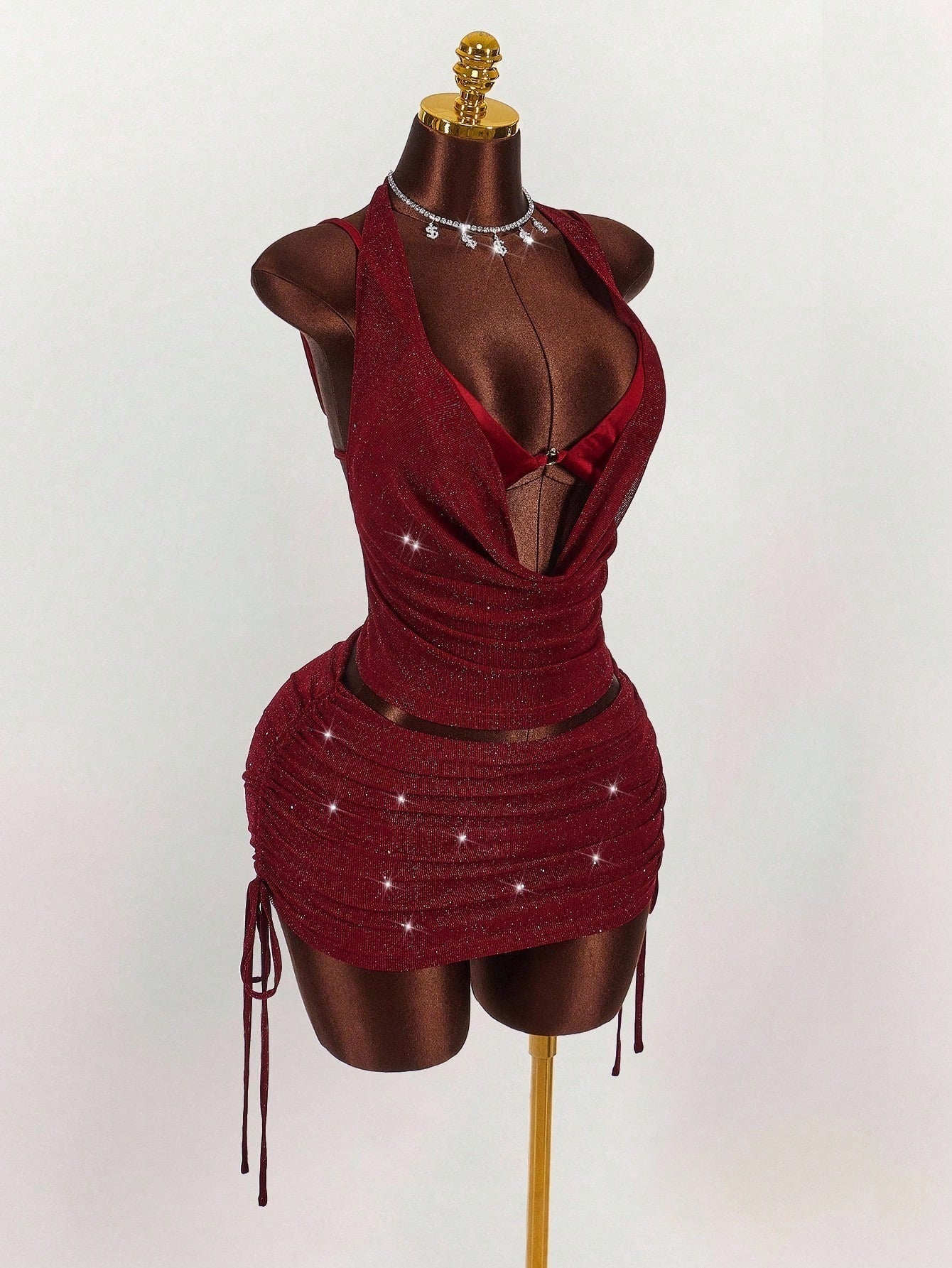Shimmering halter crop top and belted mini skirt set - View 9 | Clistos