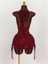 Shimmering halter crop top and belted mini skirt set - View 11 | Clistos