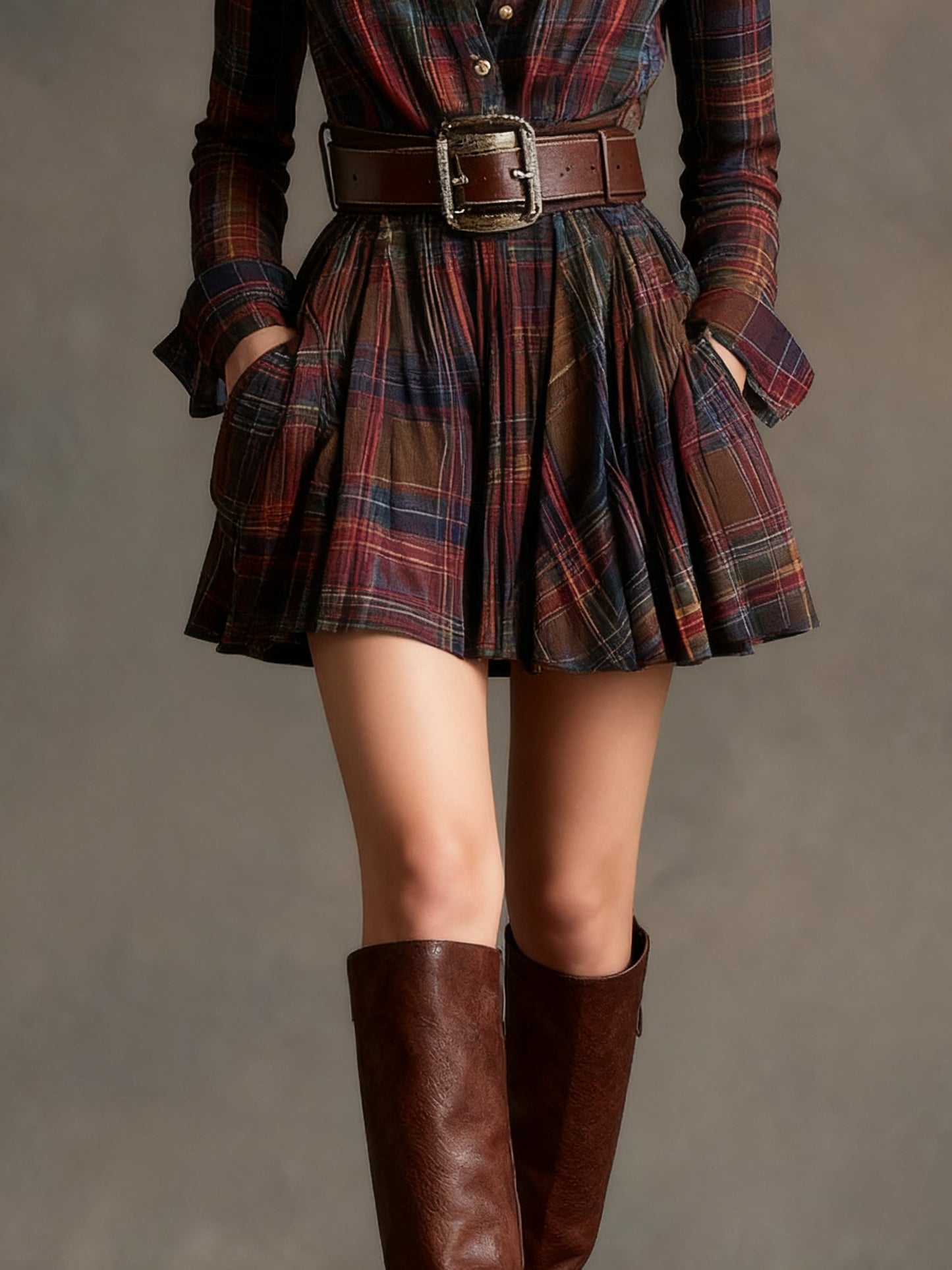 Lower body shot of a model wearing a plaid shirt dress and brown boots