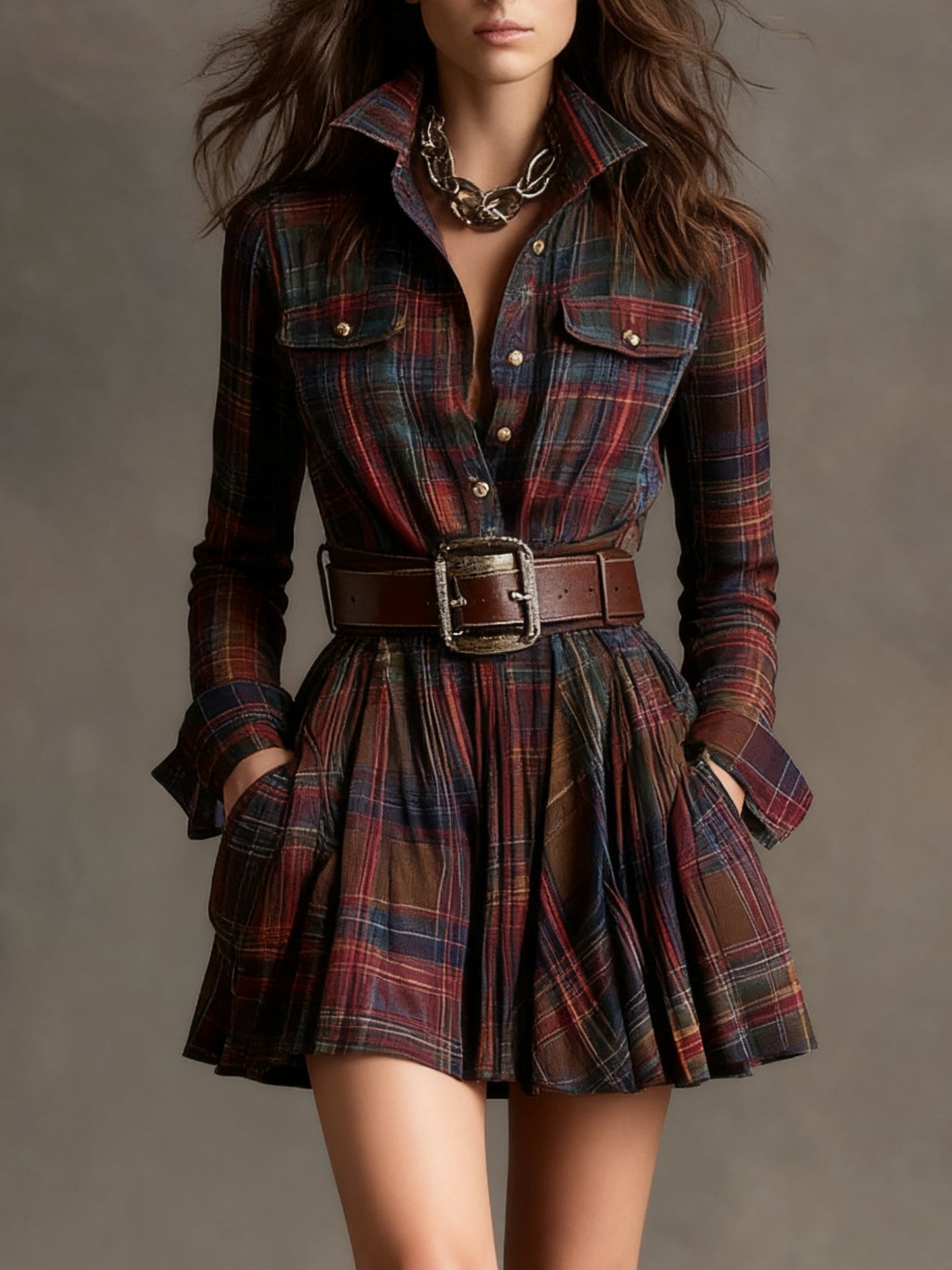 Close-up of a plaid shirt dress with a brown belt