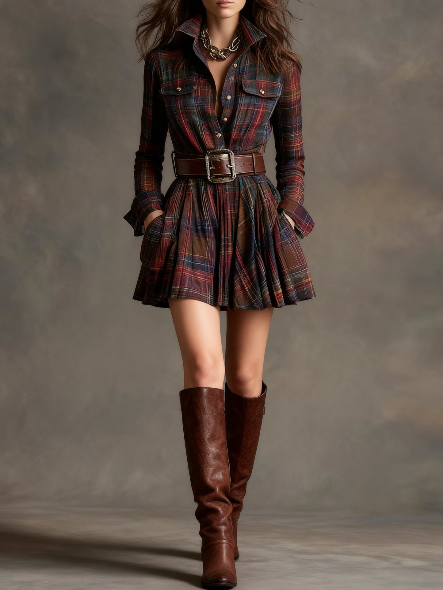 Model wearing a plaid shirt dress with a brown belt and boots