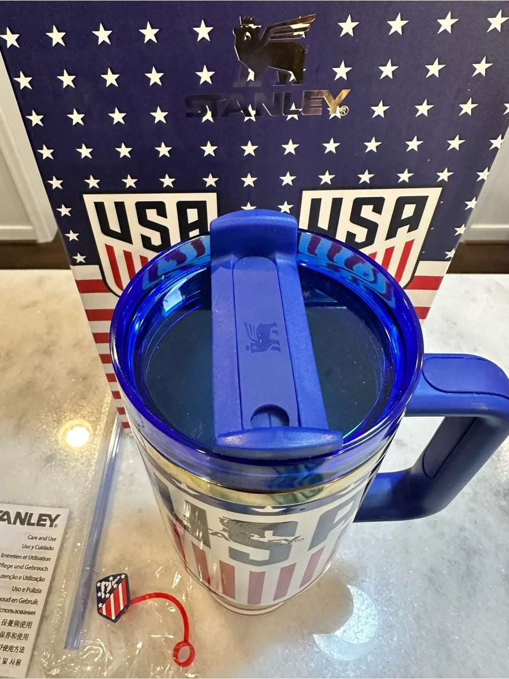 Stanley USA Soccer Limited Edition Quencher 2.0 Tumbler 40oz Blue with USA soccer crest and patriotic packaging - View 3 | Clistos