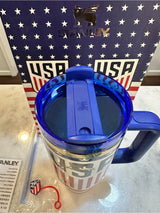 Stanley USA Soccer Limited Edition Quencher 2.0 Tumbler 40oz Blue with USA soccer crest and patriotic packaging - View 3 | Clistos