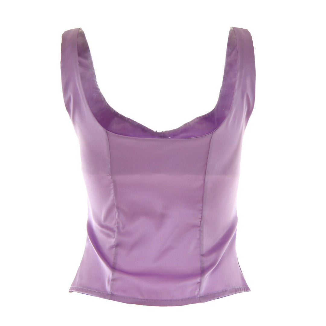 lavender satin top with a scoop neckline and button-down front, on a white background