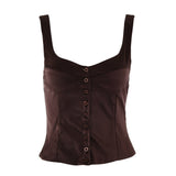 brown satin button-up top with wide straps