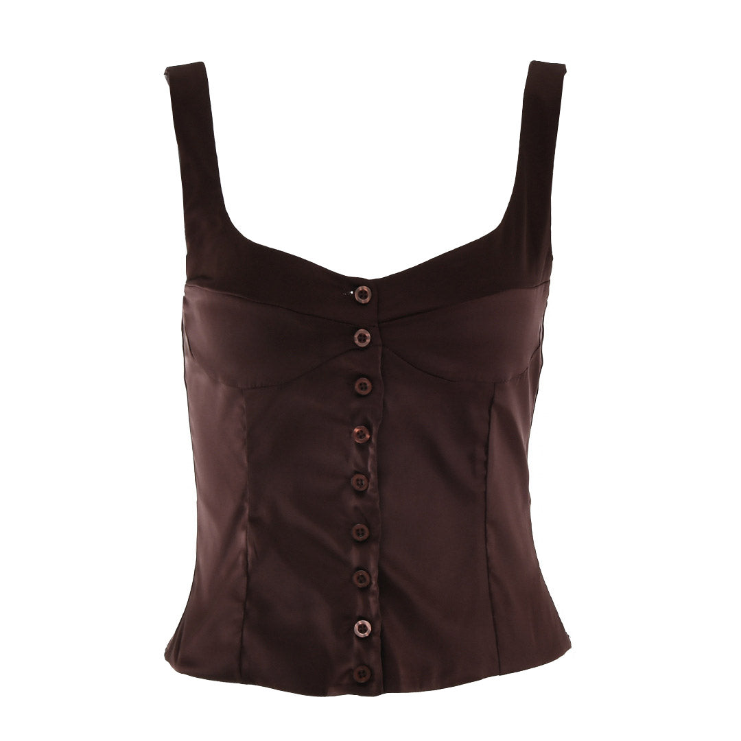 brown satin button-up top with wide straps
