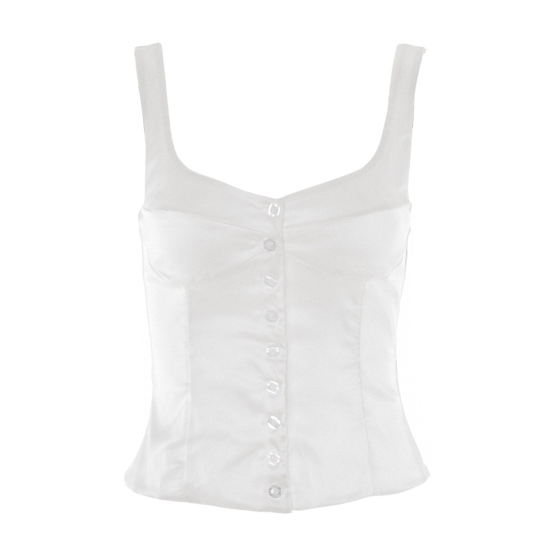 front view of a white satin button-down tank top