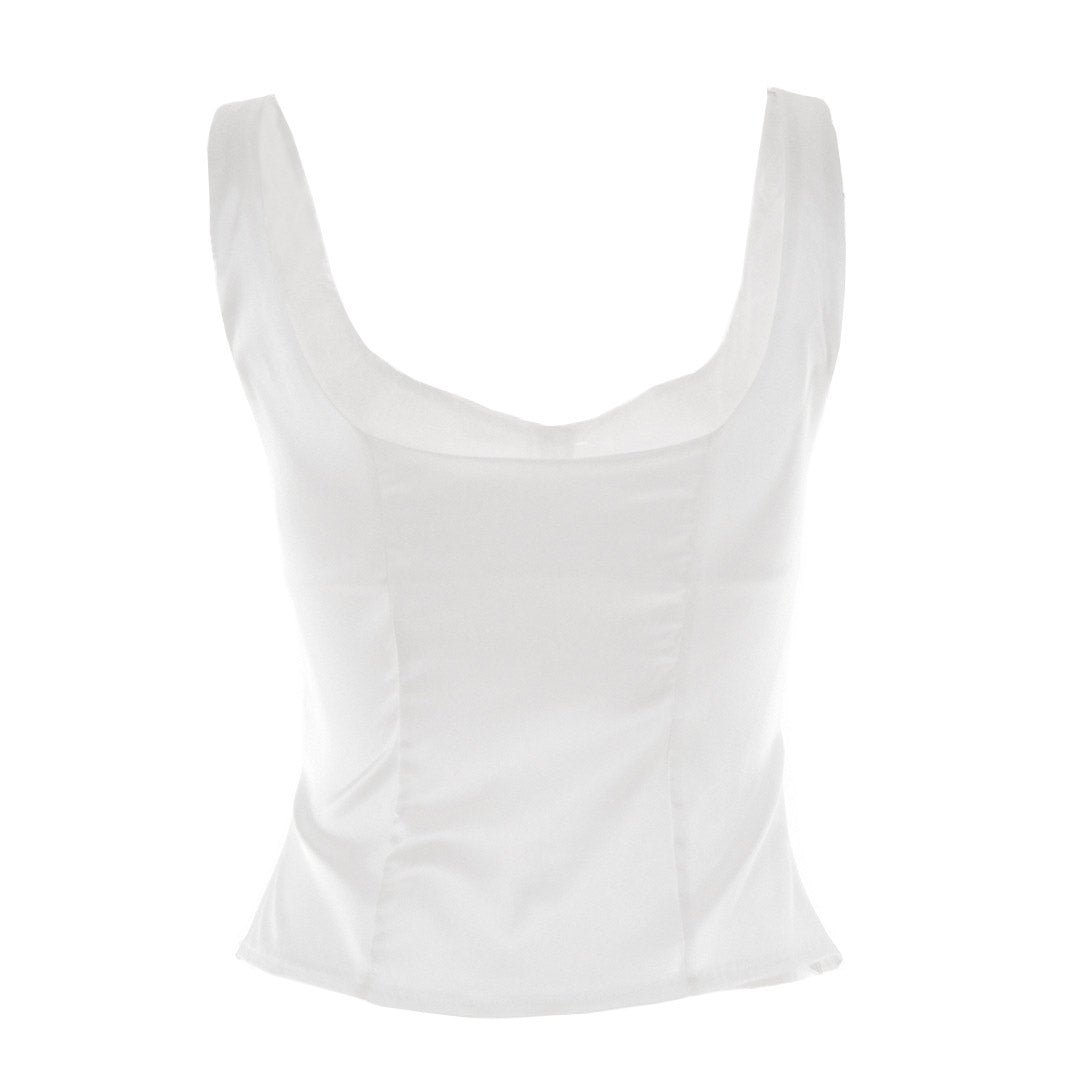 back view of a white satin button-down tank top